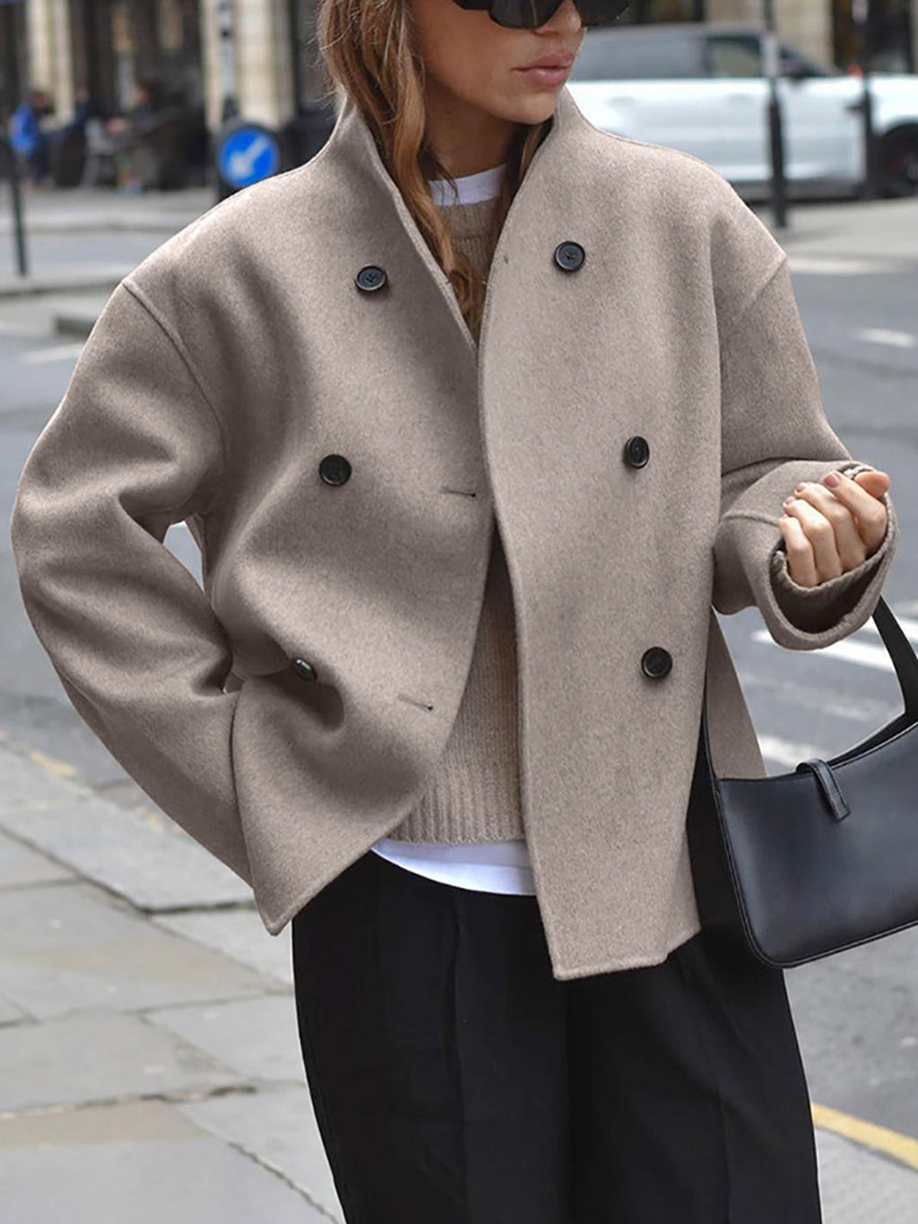Women's Oversized Double-Breasted Short Coat with High Stand Collar – Relaxed Tailored Jacket for Elegant Office Wear and Smart Casual Autumn Winter Outfits