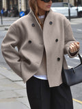 Women's Oversized Double-Breasted Short Coat with High Stand Collar – Relaxed Tailored Jacket for Elegant Office Wear and Smart Casual Autumn Winter Outfits