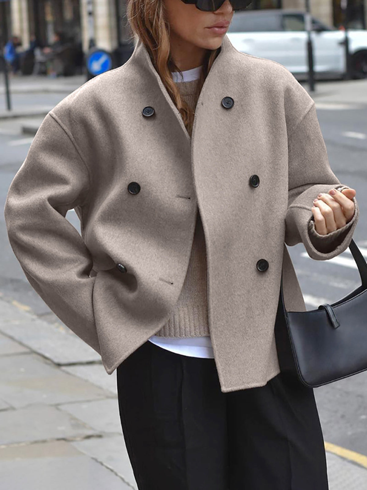 Women's Oversized Double-Breasted Short Coat with High Stand Collar – Relaxed Tailored Jacket for Elegant Office Wear and Smart Casual Autumn Winter Outfits