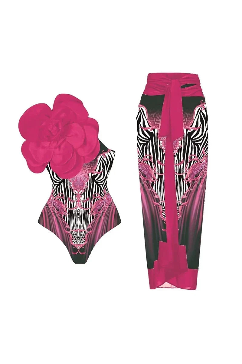 Magenta Flower Print 3D Flower Swimsuit