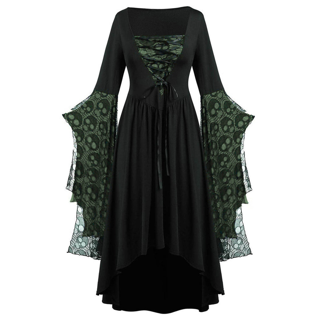 Women's Lace Sleeve High-Low Maxi Dress – Square Neck Lace Up Evening Dress for Themed Parties and Special Occasions