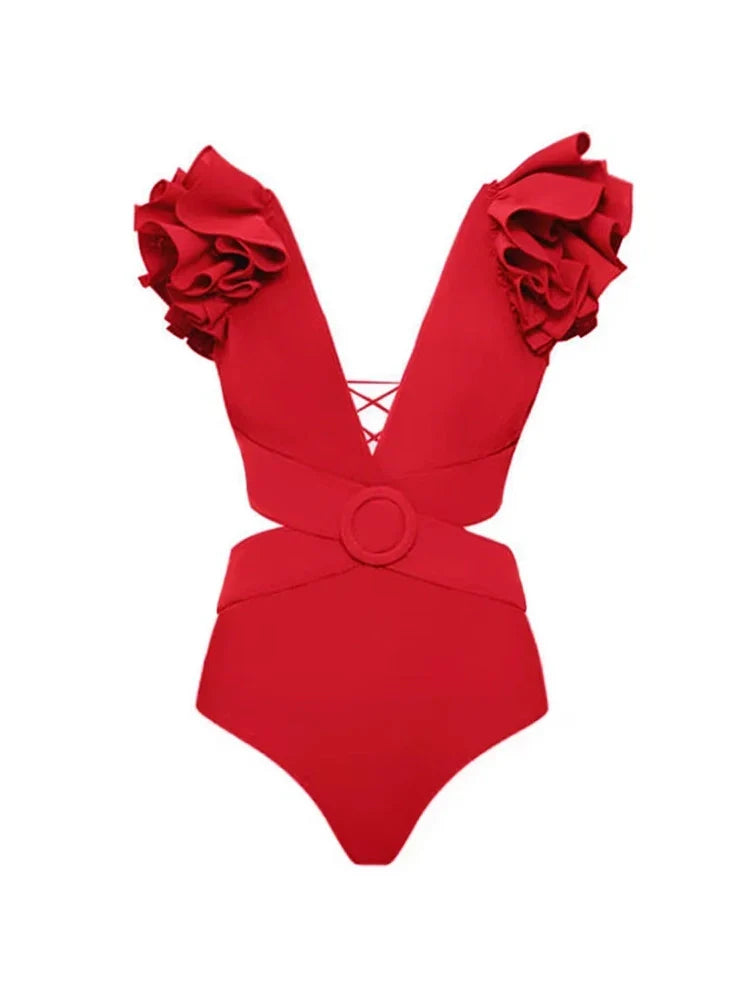 3D Flower Shoulder Embellished Cut-Out Swimsuit