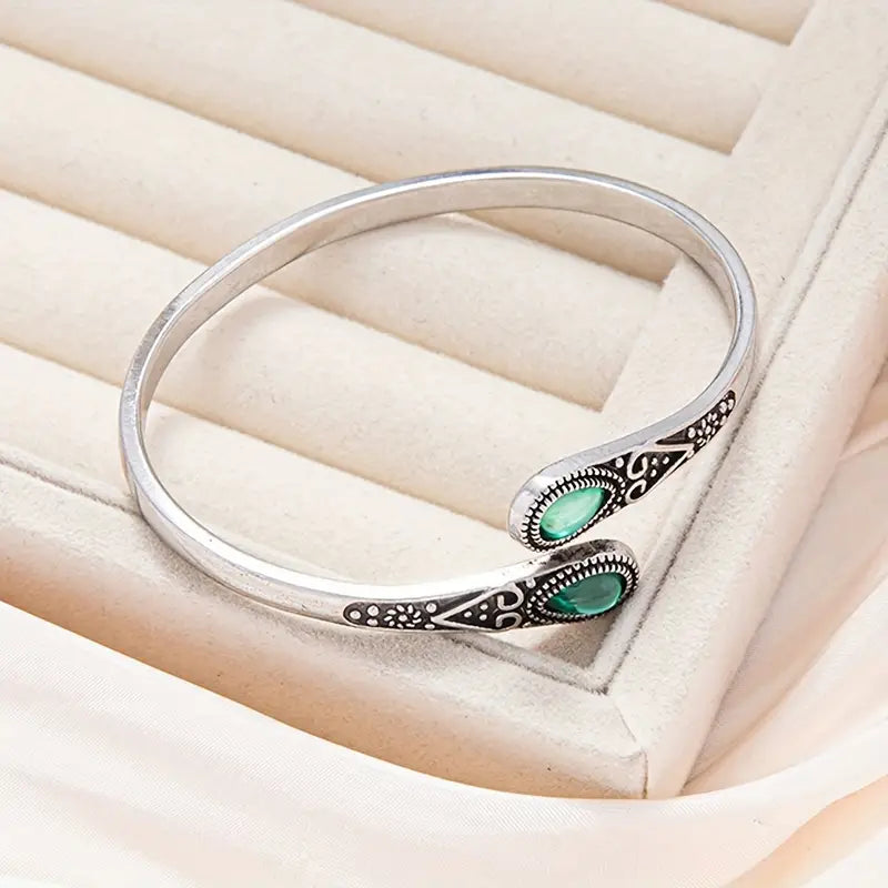 Open Silver Bracelet with Ethnic Details and Green Stones - Delilah