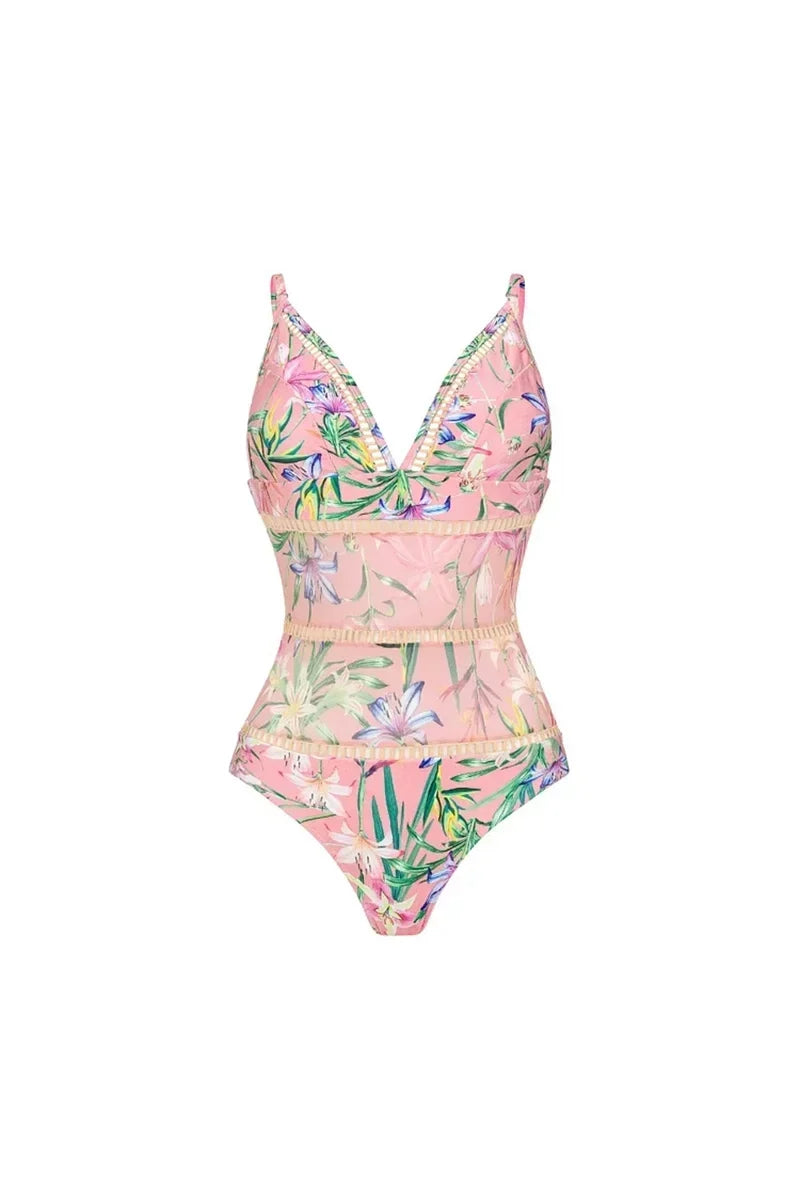 Mesh Patchwork Patterned Swimwear Set