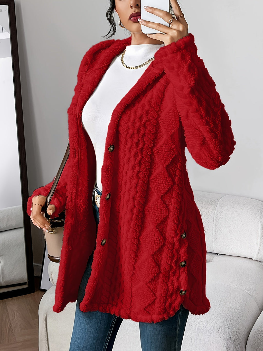 Women’s Longline Textured Knit Cardigan with Button Front – Relaxed Warm Layer for Autumn and Winter