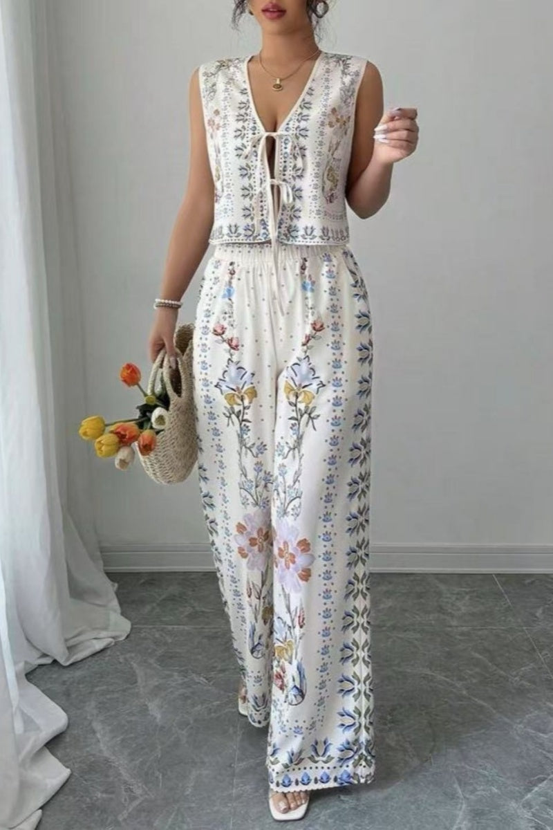 Tie-Up Vest & Wide-Leg Trousers Set Sky Blue Print