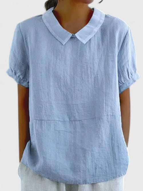 Women's Relaxed Short Sleeve Blouse – Casual Collared Pullover Top with Textured Fabric for Spring and Summer