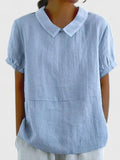 Women's Relaxed Short Sleeve Blouse – Casual Collared Pullover Top with Textured Fabric for Spring and Summer