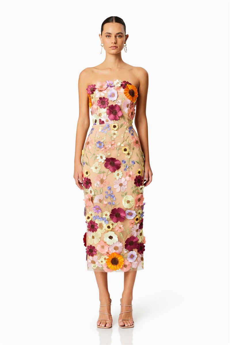 Belle Embroidered Flower Strapless Midi-Length Dress