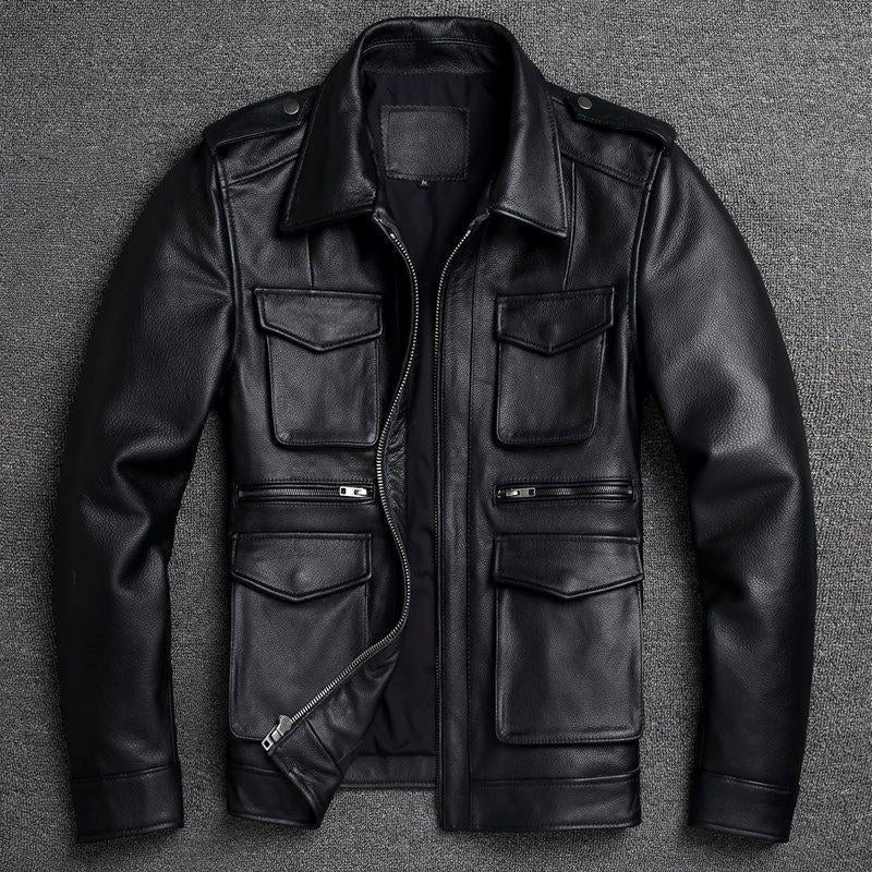 Benjamin - Men's Multi-Pocket Leather Jacket with Zip Front