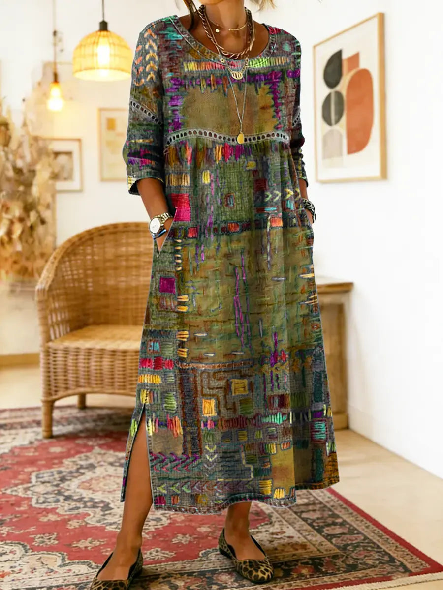 Manuela | Boho Printed Denim Dress with Ethnic Patchwork