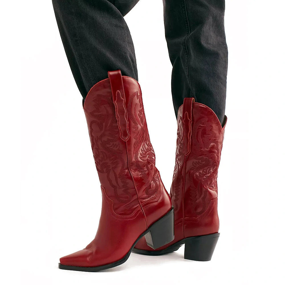 Modern Embroidered Pointed Toe Thick Heel Western Boots