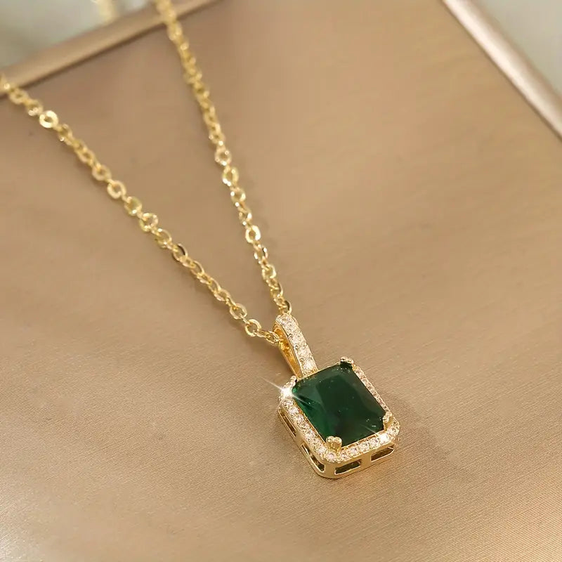 Elanora Gold Necklace with Green Rectangle Pendant