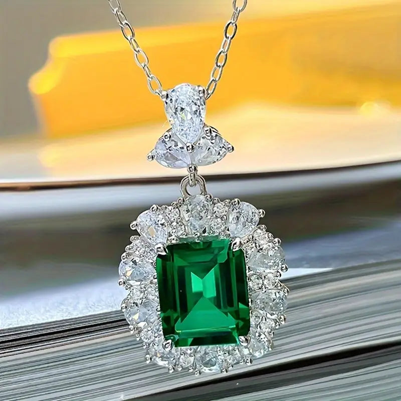 Evania Silver Necklace with Green Cubic Zirconia Rectangle Pendant