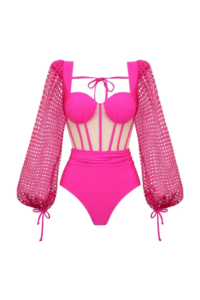 Fluorescent Pink Open-Back Swimwear Set