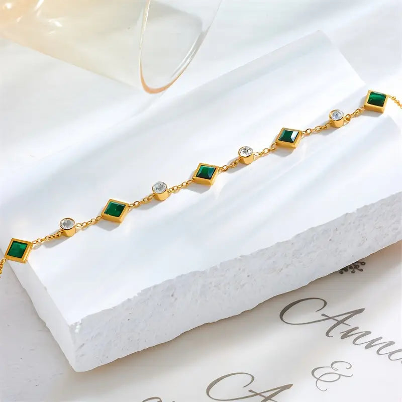 Gold Bracelet with Green and White Crystals - Ravenne