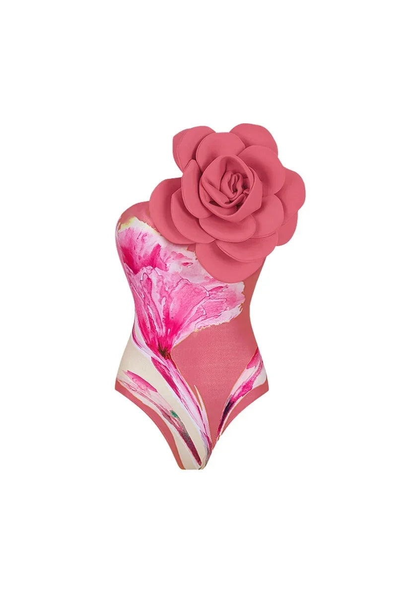 3D Flower Pink Print Swimwear Set
