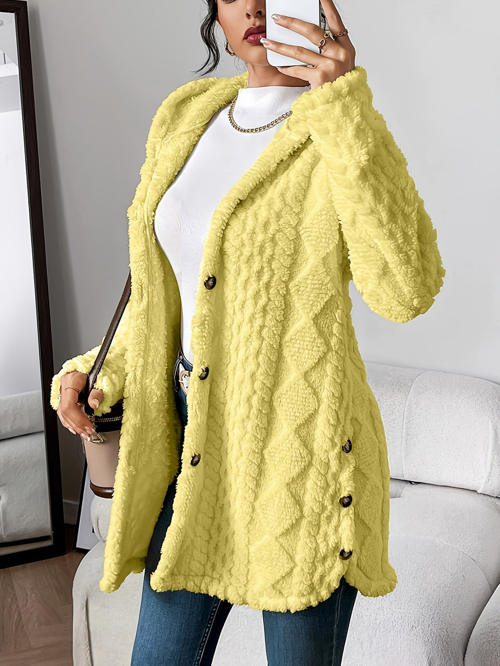 Women’s Longline Textured Knit Cardigan with Button Front – Relaxed Warm Layer for Autumn and Winter