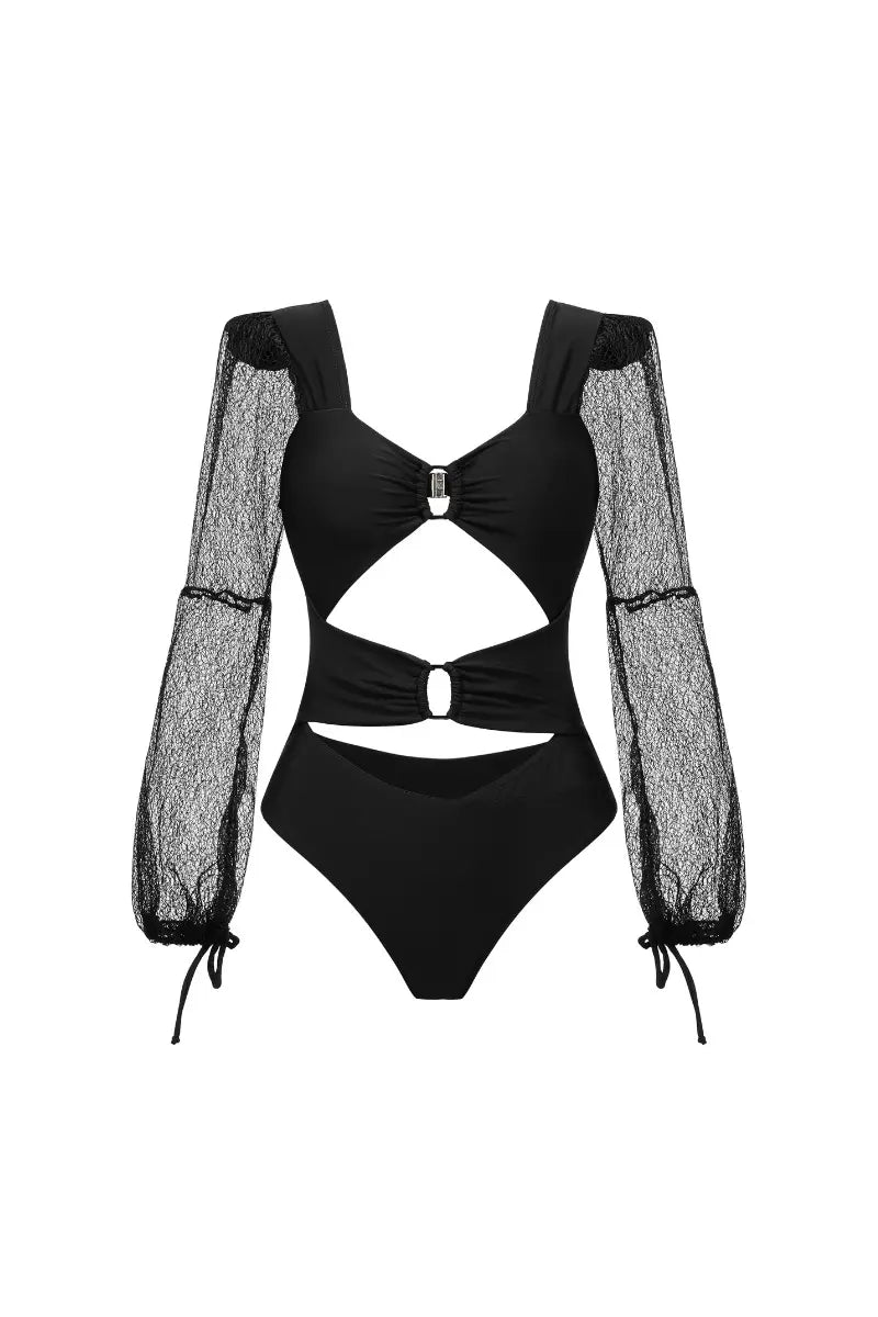Long Sleeve Sheer Mesh Cut-Out Swimsuit