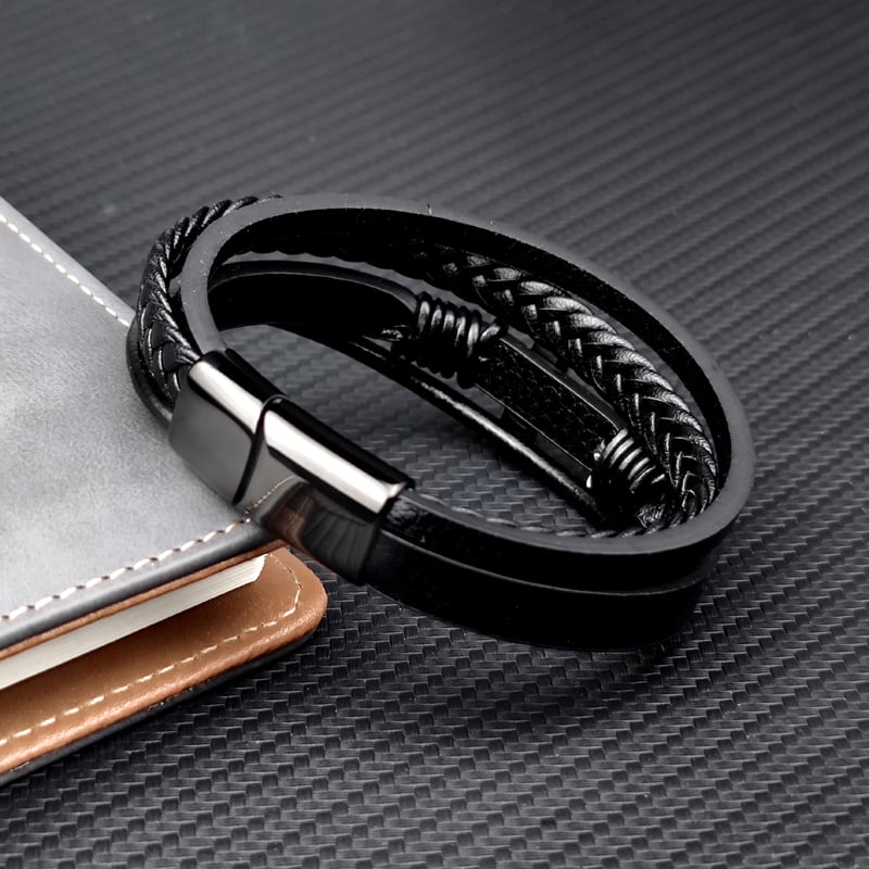 Men's Braided Leather Bracelet with Stainless Steel Cross - Sentinel