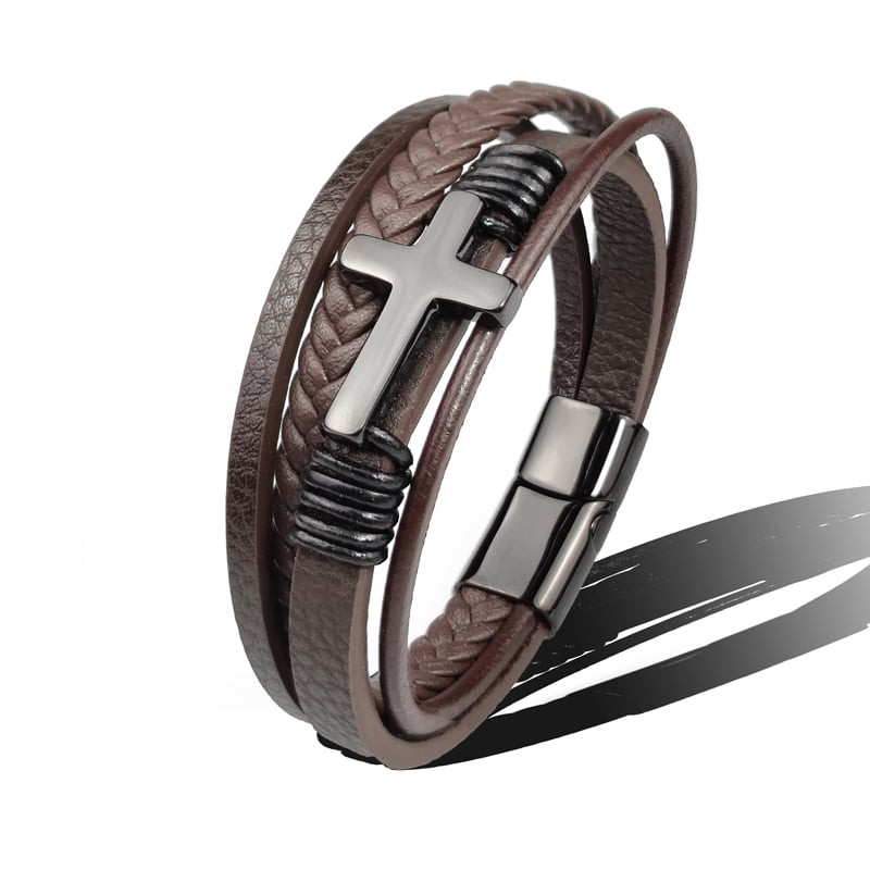 Men's Braided Leather Bracelet with Stainless Steel Cross - Sentinel