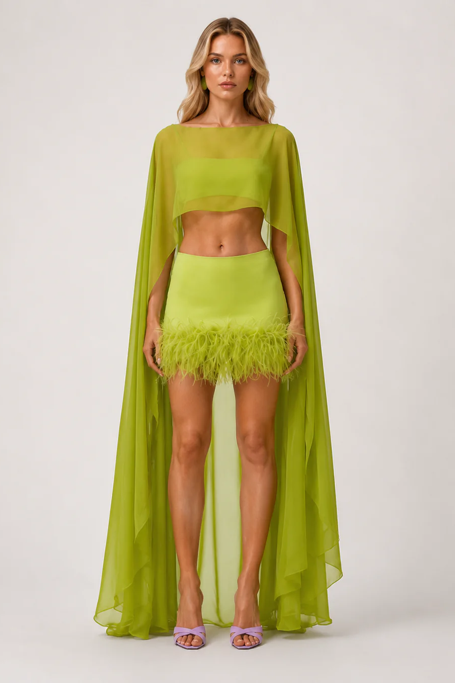 Coordinated Lime Sheer Cape Feather Skirt Set