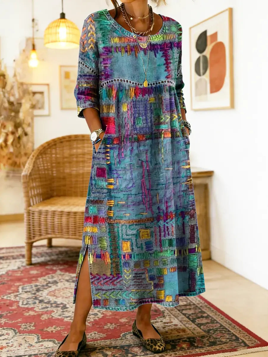 Manuela | Boho Printed Denim Dress with Ethnic Patchwork