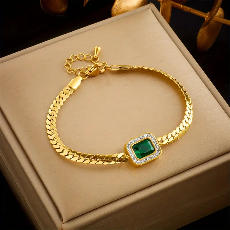 Liriel Gold Bracelet with Rectangular Green Crystal