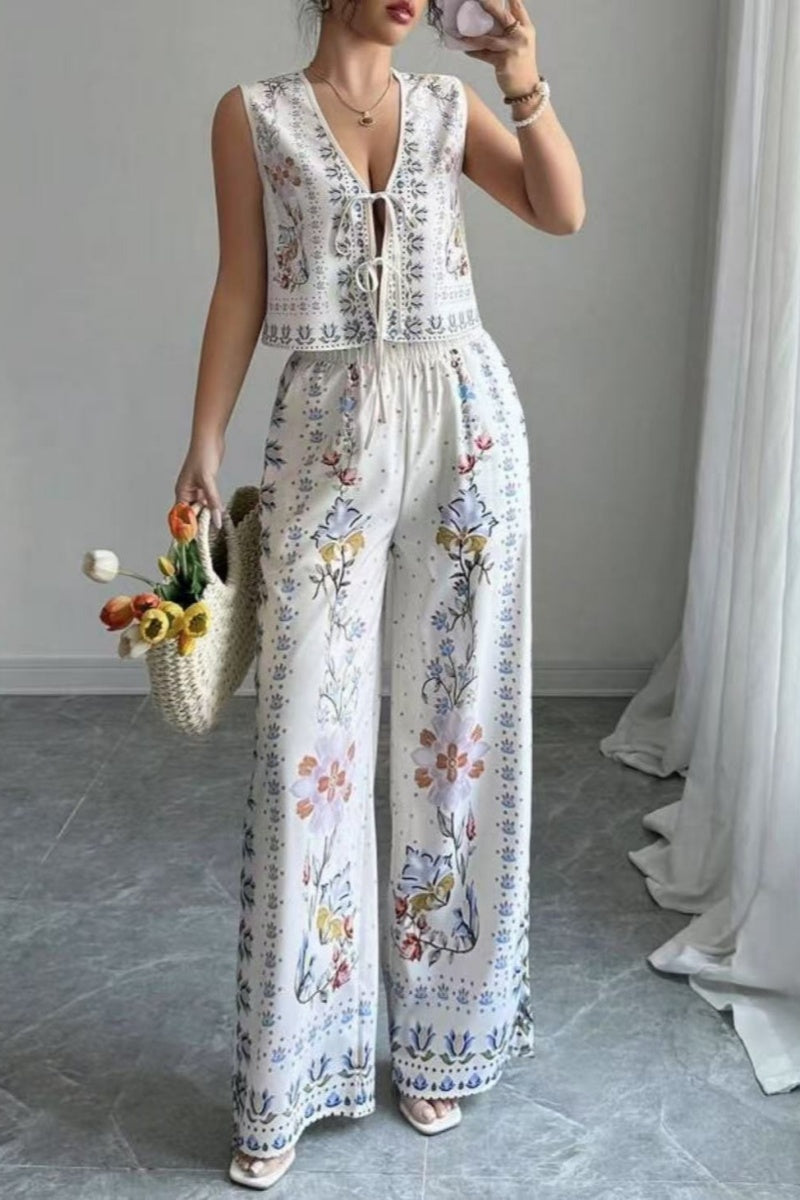 Tie-Up Vest & Wide-Leg Trousers Set Sky Blue Print