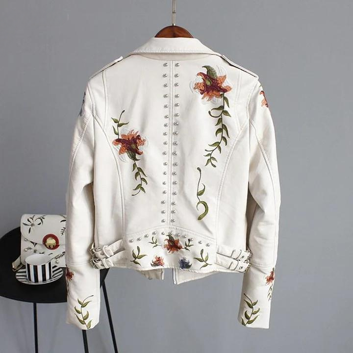 Modern Leather Jacket with Floral Embroidery