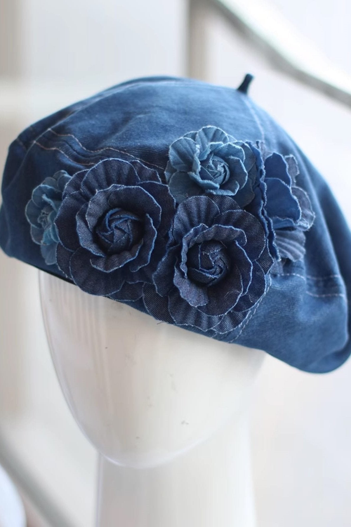 Modern Camellia Denim Beret Hat