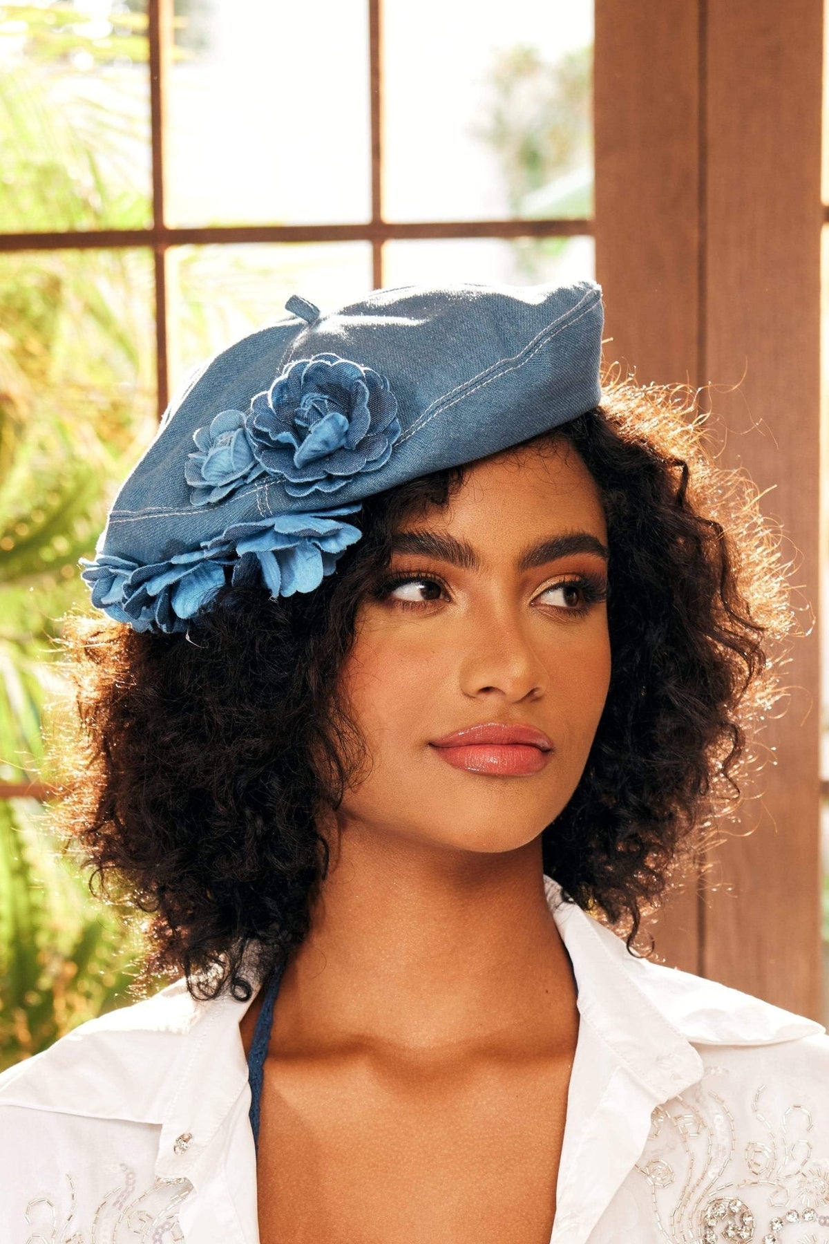 Modern Camellia Denim Beret Hat