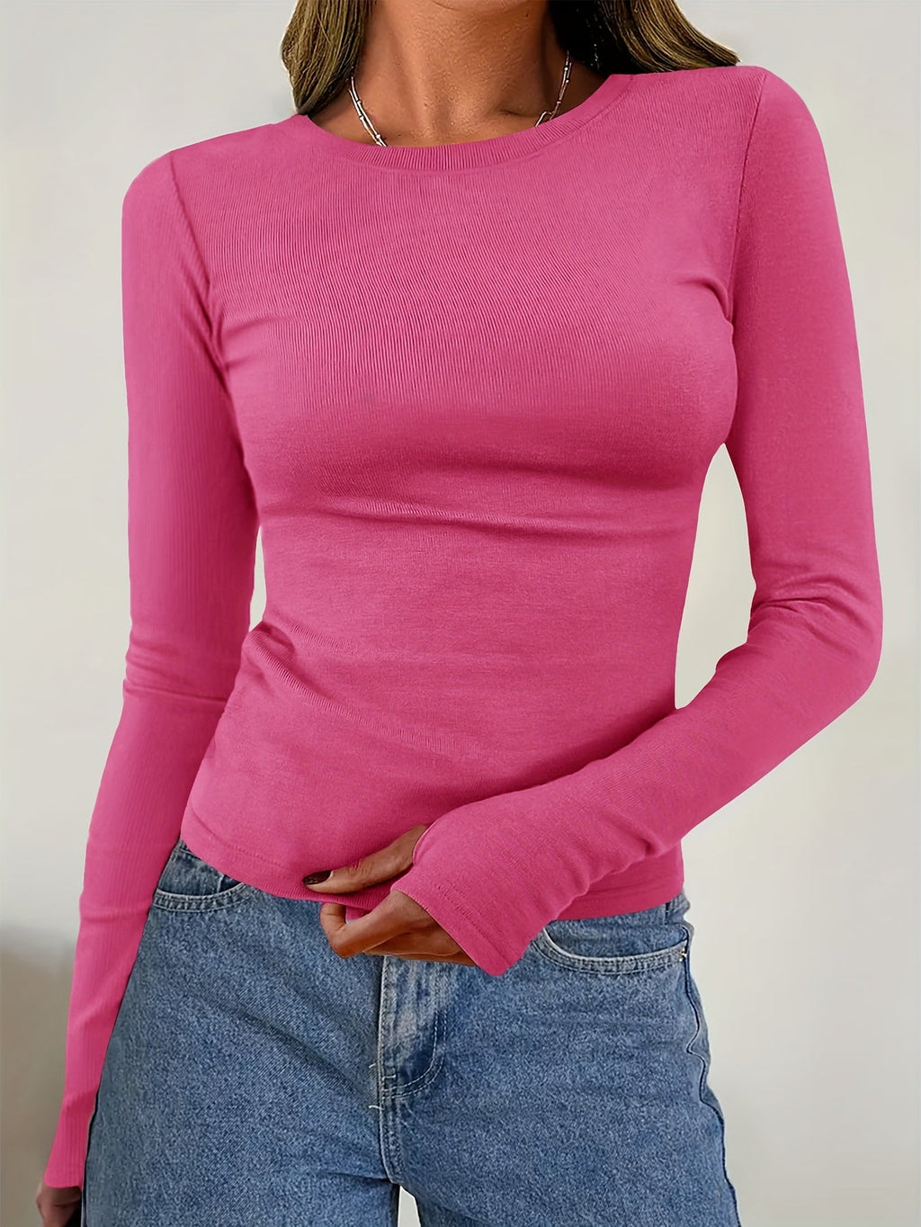 Women’s Fitted Long-Sleeved Crew Neck Top – Soft Stretch Fabric for Everyday Wear and Autumn Layering