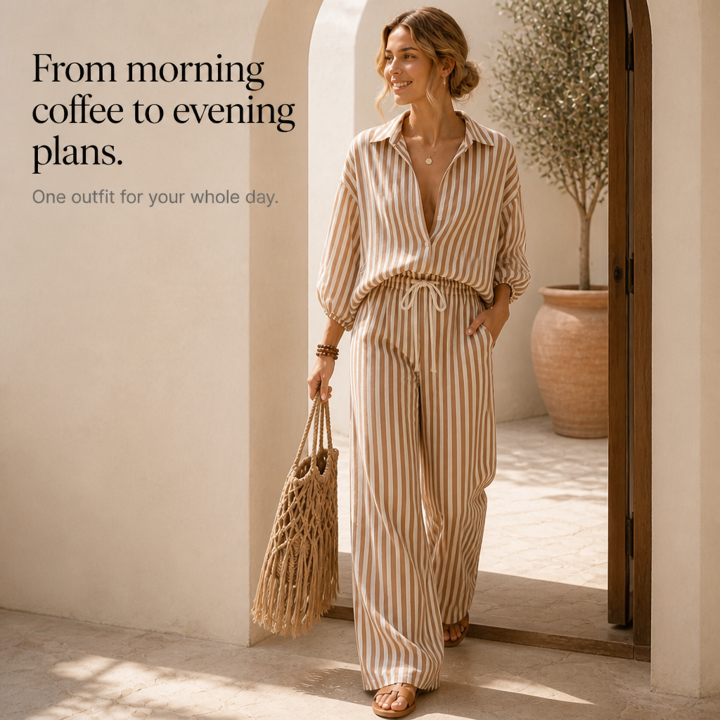 Isadora – Striped Two-Piece Lantern Sleeve Set