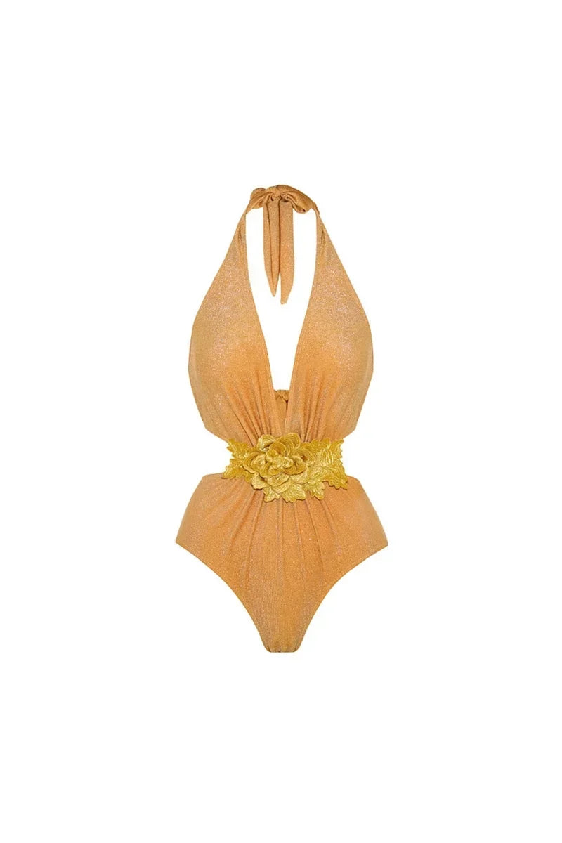 Golden Halter Deep V One-Piece Swimwear