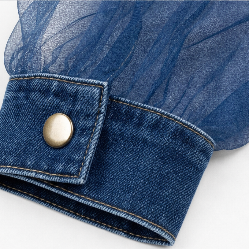 Vivienne – Sheer Puff Sleeve Denim Button-Up Shirt