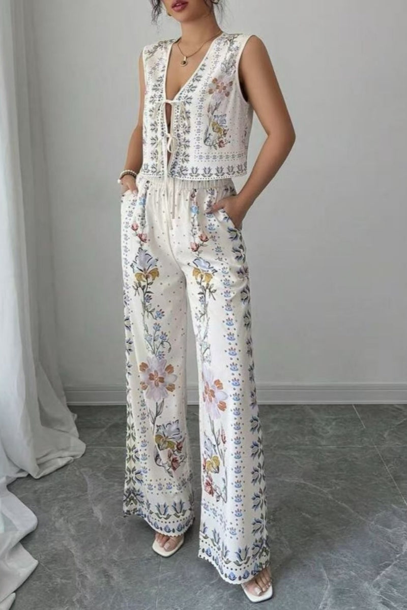 Tie-Up Vest & Wide-Leg Trousers Set Sky Blue Print