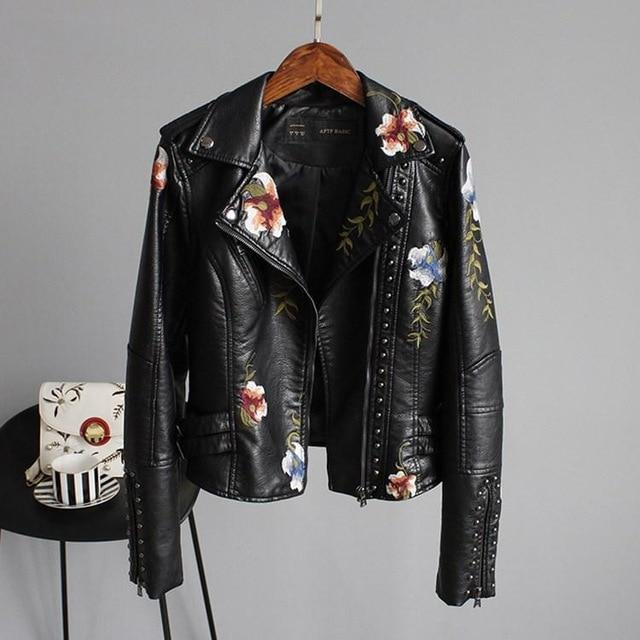 Modern Leather Jacket with Floral Embroidery