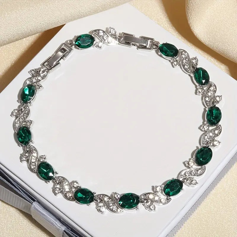 Lorena Silver Bracelet with Green Oval Stones