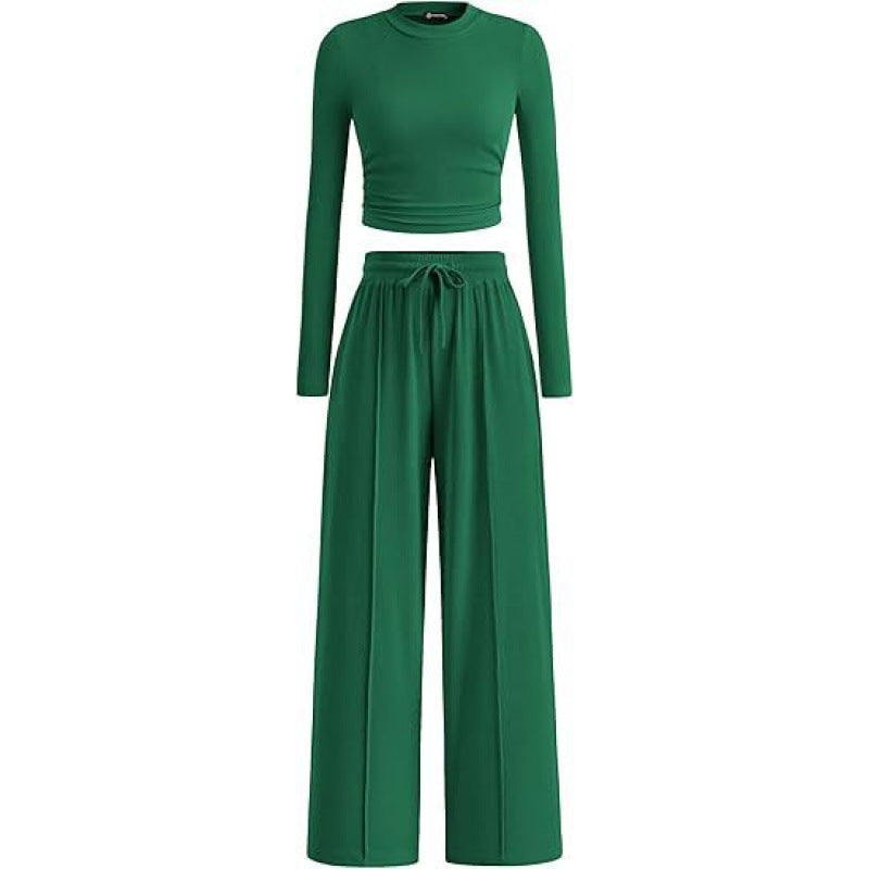 Women's Long-Sleeve Fitted Top and Wide-Leg Trousers Set – Minimalist Two-Piece Outfit for Everyday Casual Wear