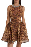 Leopard Print Crew Neck Crystal-Detail Dress