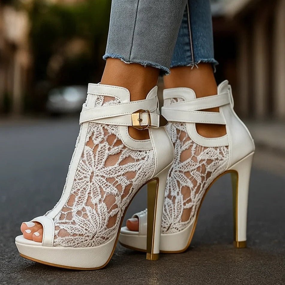 Peep-Toe Stiletto Ankle Boot – Lace Floral & Ankle Strap