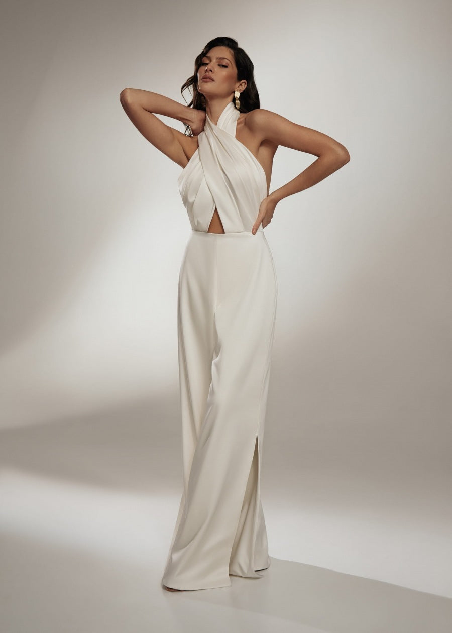 Women's Halter-Neck Cut-Out Wide-Leg Jumpsuit – Elegant Backless Occasionwear for Evening Events