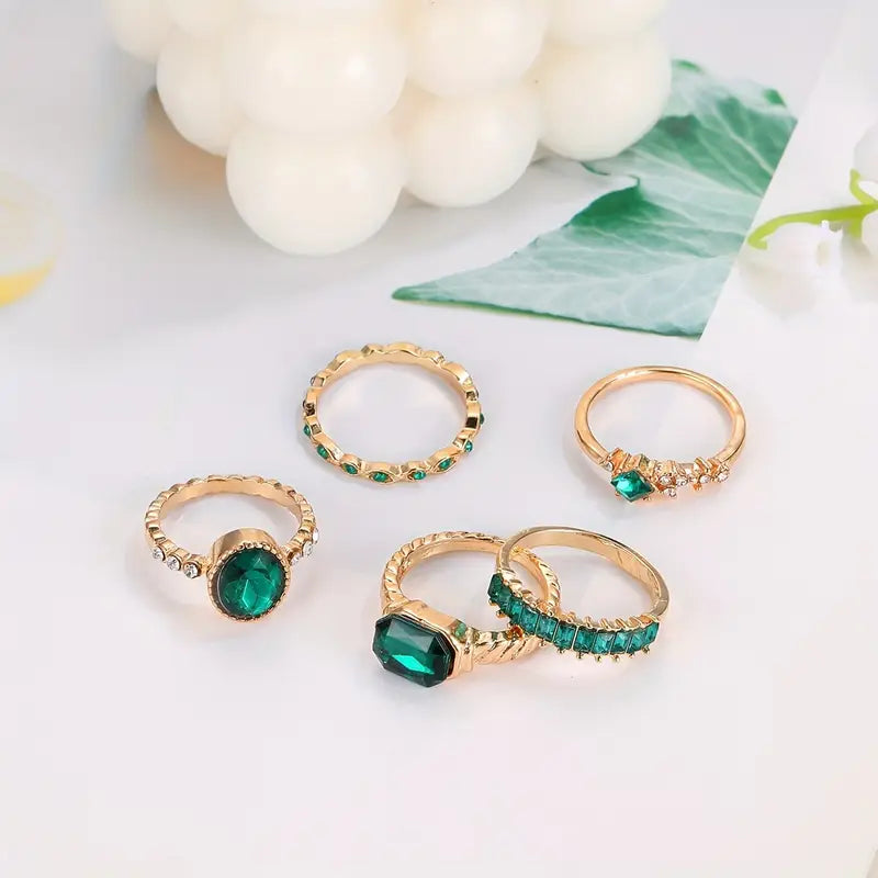 Gold Ring Set with Emerald-Cut Stones - Jade
