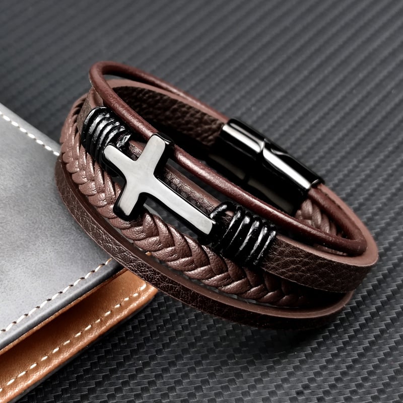 Men's Braided Leather Bracelet with Stainless Steel Cross - Sentinel
