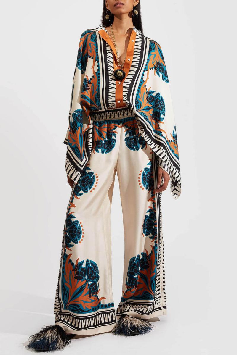 Fine Satin Flower Print Batwing Sleeve Trousers Set Orange