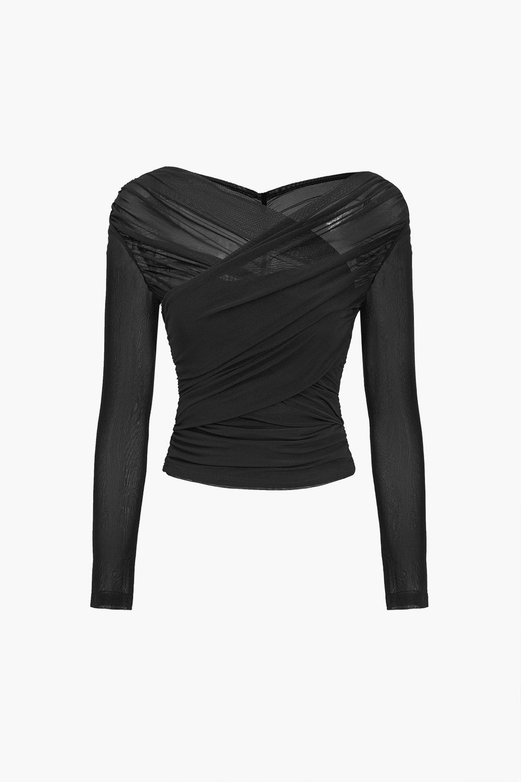 Women's Elegant Ruched Mesh Blouse – Sheer Long Sleeve Wrap Style Top for Evening and Smart Casual Wear