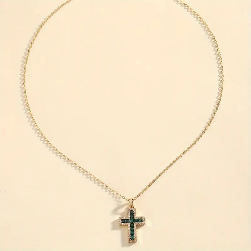 Gold Cross Necklace with Green Zirconia - Maelis