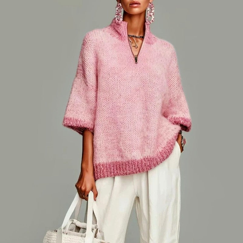 Denise - Women's Quarter-Zip Oversized Knit Sweater