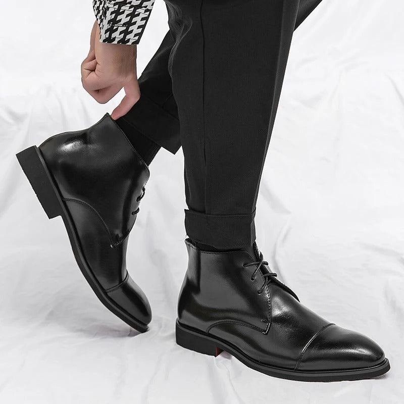 Polished Leather Boots with Cap-Toe Detail